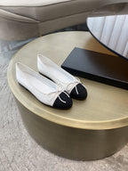 CHANEL BALLET FLATS WHITE BLACK LAMBSKIN CANVAS