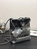 CHANEL HOBO MINI 20CM BLACK GREY LAMBSKIN SILVER HARDWARE