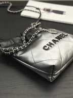 CHANEL HOBO MINI 20CM BLACK GREY LAMBSKIN SILVER HARDWARE