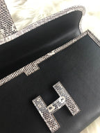 HERMES JIGE ELAN 29 CLUTCH IN BLACK CALFSKIN WITH WHITE LIZARD SKIN