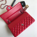 CHANEL FLAP BAG MEDIUM 25CM RED LAMBSKIN SILVER HARDWARE