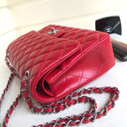 CHANEL FLAP BAG MEDIUM 25CM RED LAMBSKIN SILVER HARDWARE