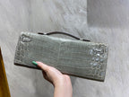 HERMES KELLY CUT 31 IN ASH GRAY SHINNY ALLIGATOR LEATHER WITH SILVER HARDWARE