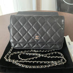 CHANEL MINI 19 CLASSIC WALLET WITH STRAP IN BLACK LAMBSKIN WITH SILVER HARDWARE