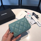CHANEL ZIPPED COIN BASIC PURSE 11 TEAL CALFSKIN GOLD ICON
