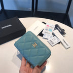 CHANEL ZIPPED COIN BASIC PURSE 11 TEAL CALFSKIN GOLD ICON