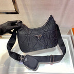 PRADA HOBO BAG 24 IN BLACK TRIANGULAR QUILTED PATTERN RE-NYLON