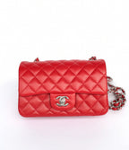 CHANEL MINI RECTANGLE FLAP BAG 20CM RED LAMBSKIN SILVER HARDWARE
