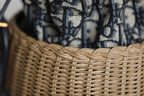 DIOR BUCKET BAG 19 IN BLACK OBLIQUE JACQUARD AND BEIGE WICKER