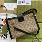 GUCCI PADLOCK MEDIUM 26 SHOULDER BAG BEIGE CANVAS AND BLACK CALFSKIN