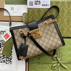 GUCCI PADLOCK MEDIUM 26 SHOULDER BAG BEIGE CANVAS AND BLACK CALFSKIN