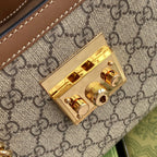 GUCCI PADLOCK MEDIUM 26 SHOULDER BAG BEIGE CANVAS AND BROWN CALFSKIN