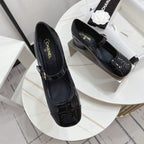 CHANEL MARY JANE BLOCK HEEL GLOSSY BLACK SHEEPSKIN