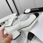 CHANEL MARY JANE BLOCK HEEL WHITE SHEEPSKIN