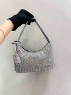 PRADA SPARKLING HOBO BAG 23 IN SILVER NYLON ATTACHED FULLY CRYSTALS