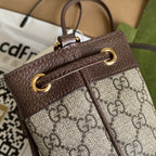 GUCCI OPHIDIA MINI BUCKET BAG 18 WITH WEB IN BEIGE EBONY CANVAS MIX BROWN CALFSKIN
