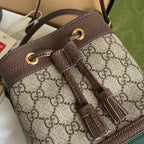 GUCCI OPHIDIA MINI BUCKET BAG 18 WITH WEB IN BEIGE EBONY CANVAS MIX BROWN CALFSKIN