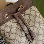 GUCCI OPHIDIA MEDIUM BUCKET BAG 26 WITH WEB IN BEIGE EBONY CANVAS MIX BROWN CALFSKIN