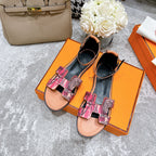 HERMES SANTORINI SANDAL BLACK MIX LIGHT PINK CALFSKIN WITH PATTERN