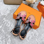 HERMES SANTORINI SANDAL BLACK MIX LIGHT PINK CALFSKIN WITH PATTERN