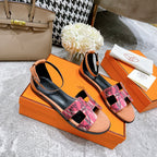 HERMES SANTORINI SANDAL BLACK MIX LIGHT PINK CALFSKIN WITH PATTERN