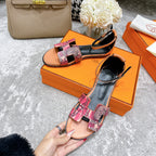 HERMES SANTORINI SANDAL BLACK MIX LIGHT PINK CALFSKIN WITH PATTERN