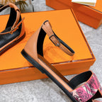 HERMES SANTORINI SANDAL BLACK MIX LIGHT PINK CALFSKIN WITH PATTERN