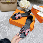 HERMES SANTORINI SANDAL BLACK CALFSKIN WITH PATTERN