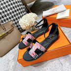 HERMES SANTORINI SANDAL BLACK CALFSKIN WITH PATTERN