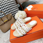HERMES STRAW SOLE SLIPPERS WHITE LAMBSKIN