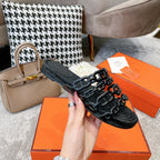 HERMES BLACK STRAW SOLE SLIPPERS BLACK LAMBSKIN
