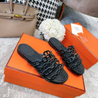 HERMES BLACK STRAW SOLE SLIPPERS BLACK LAMBSKIN