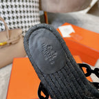 HERMES BLACK STRAW SOLE SLIPPERS BLACK LAMBSKIN
