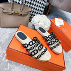 HERMES STRAW SOLE SLIPPERS BLACK LAMBSKIN