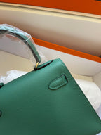 HERMES KELLY MINI 20 BAG IN DARK GREEN CALFSKIN WITH GOLD HARDWARE