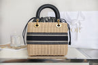 DIOR LADY 24 BASKET BAG IN BLACK OBLIQUE JACQUARD MIX BEIGE WICKER