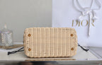 DIOR LADY 24 BASKET BAG IN BLACK OBLIQUE JACQUARD MIX BEIGE WICKER