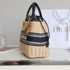 DIOR LADY 24 BASKET BAG IN BLACK OBLIQUE JACQUARD MIX BEIGE WICKER