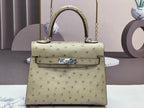 HERMES KELLY BAG 20 IN KHAKI TAN OSTRICH LEATHER WITH SILVER HARDWARE