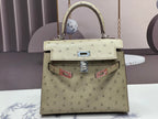 HERMES KELLY BAG 20 IN KHAKI TAN OSTRICH LEATHER WITH SILVER HARDWARE