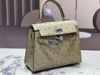 HERMES KELLY BAG 20 IN KHAKI TAN OSTRICH LEATHER WITH SILVER HARDWARE