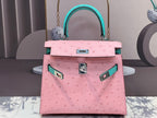 HERMES KELLY BAG 20 IN FLAMINGO PINK MIX CYAN BLUE OSTRICH LEATHER WITH SILVER HARDWARE