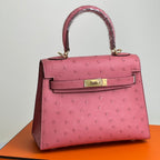 HERMES KELLY BAG 20 IN ROUGE PINK OSTRICH LEATHER WITH GOLD HARDWARE