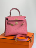 HERMES KELLY BAG 20 IN ROUGE PINK OSTRICH LEATHER WITH GOLD HARDWARE