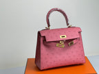 HERMES KELLY BAG 20 IN ROUGE PINK OSTRICH LEATHER WITH GOLD HARDWARE