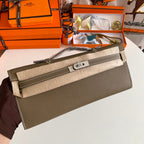 HERMES KELLY CUT 31 IN MOCHA BROWN CALFSKIN WITH SILVER HARDWARE