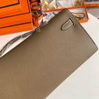 HERMES KELLY CUT 31 IN MOCHA BROWN CALFSKIN WITH SILVER HARDWARE