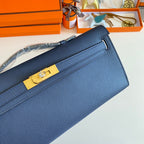 HERMES KELLY CUT 31 IN CLASSIC BLUE CALFSKIN WITH GOLD HARDWARE