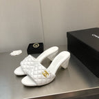 CHANEL rev cone heel mule slide sandal white quilted lambskin 6cm