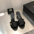 CHANEL rev cone heel mule slide sandal black quilted lambskin 6cm